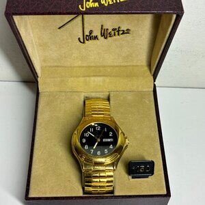 Vintage John Weitz Gold Silver Tone Black Analog Quartz Watch With Box